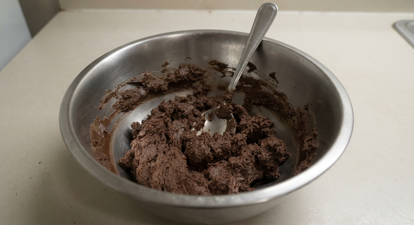 A bowl of melted chocolate that has seized into a thick, grainy, dull paste with a spoon stuck upright in it