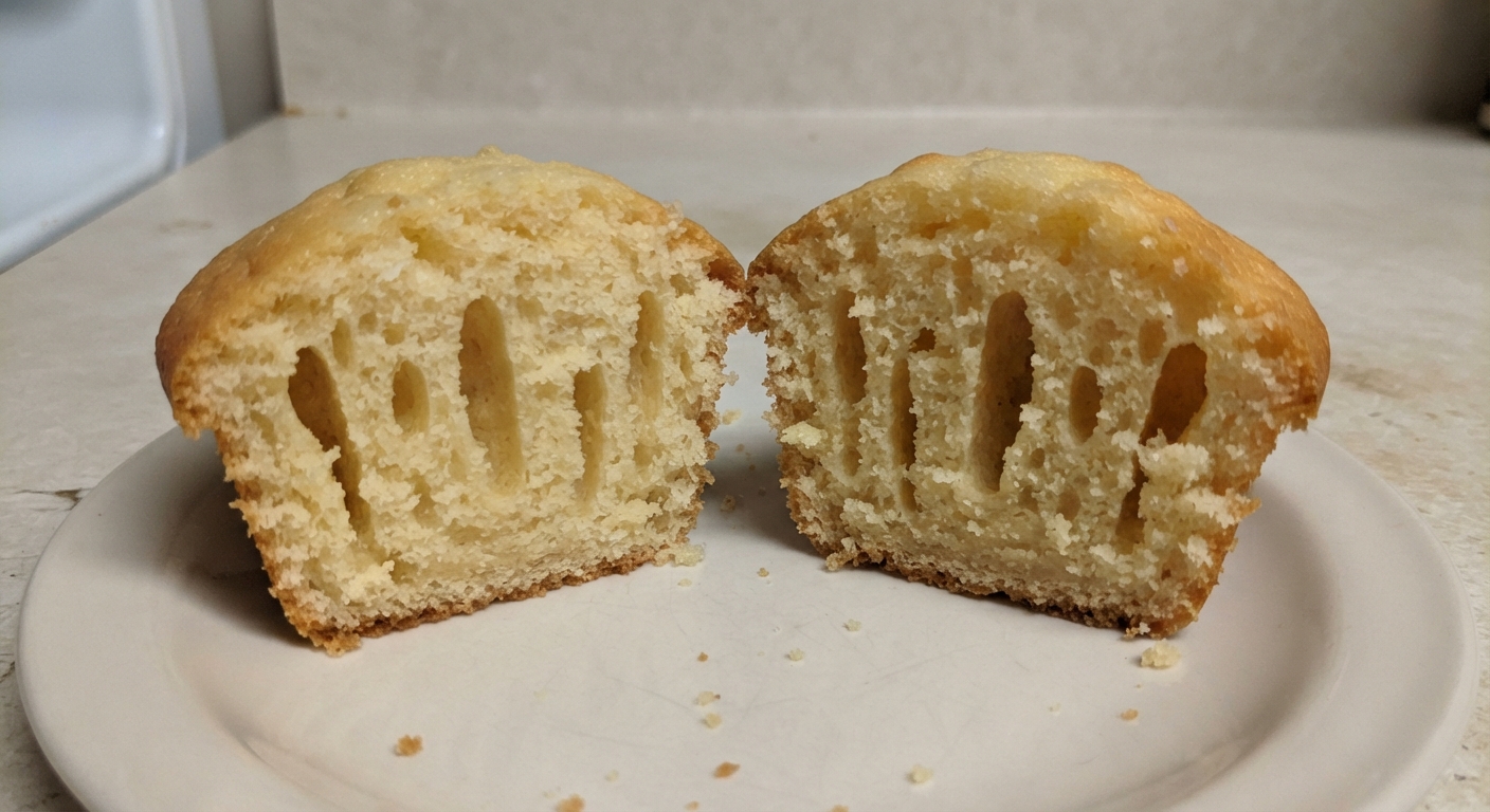 A muffin sliced in half, showing long vertical tunnels and irregular holes running through the crumb