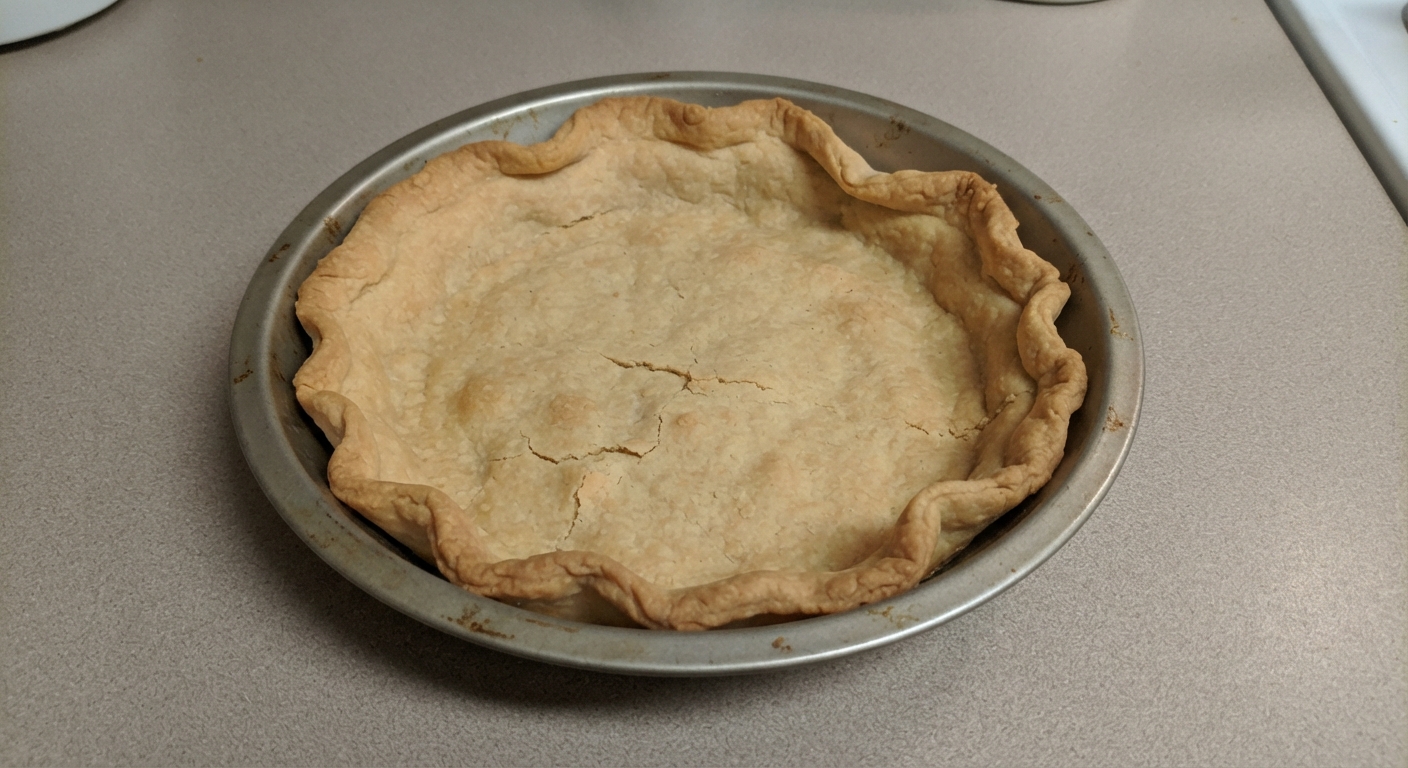 A pie pan where the baked crust has visibly shrunk and pulled away from the pan's edge, leaving a gap